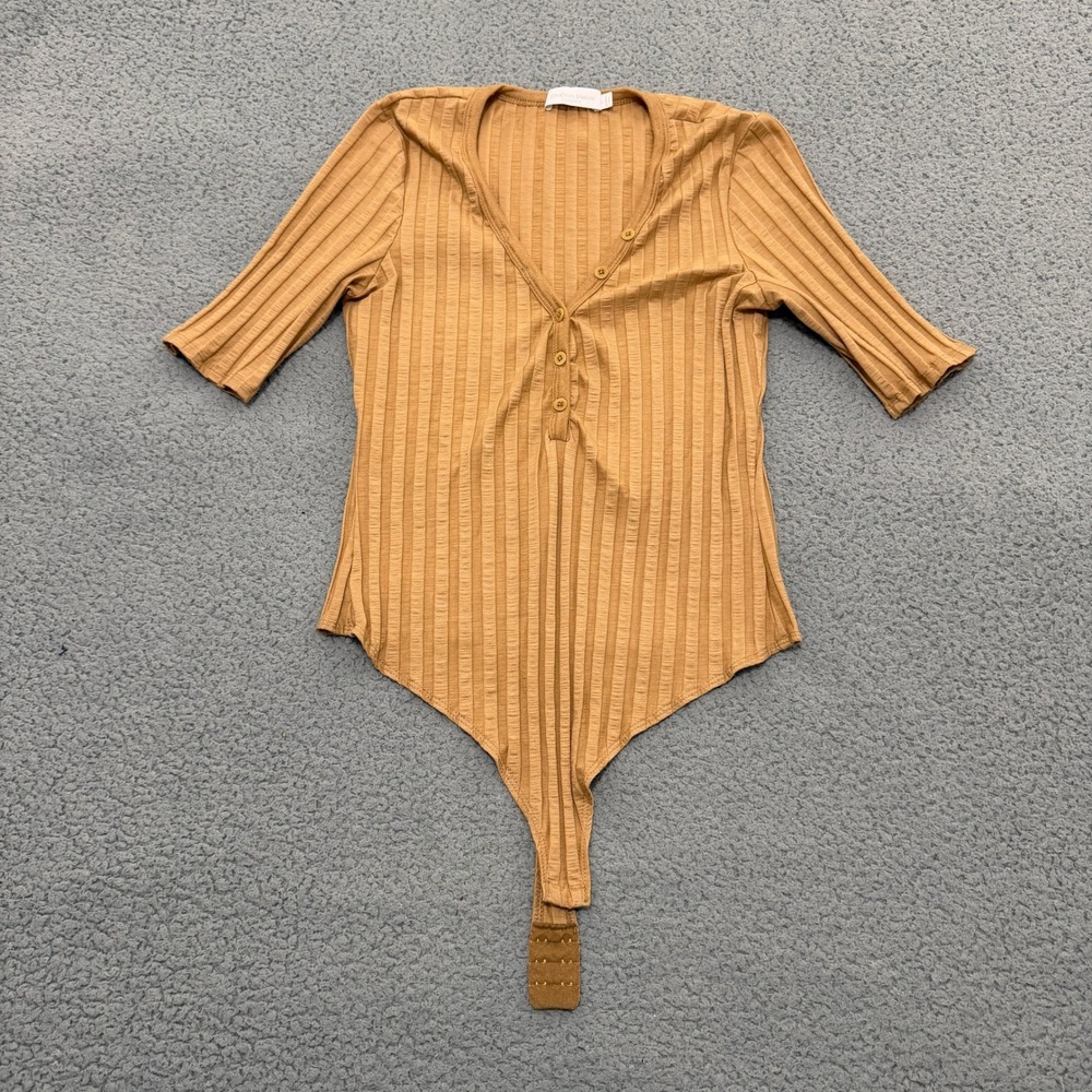 Jonathan Simkhai Standard Ribbed Henley Bodysuit Camel Tan Elbow Sleeve Large
